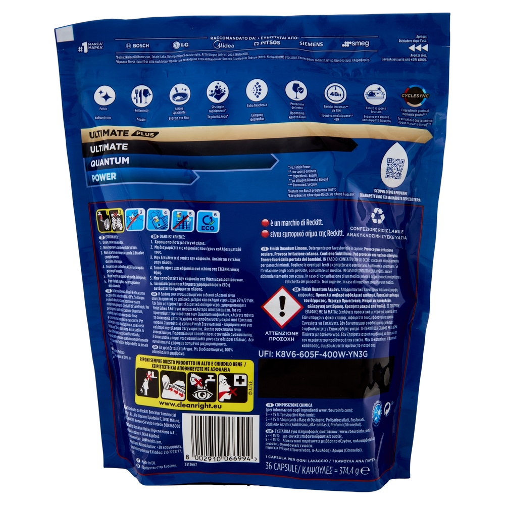 Finish Quantum Limone pastiglie lavastoviglie 36 lavaggi 374,4 g